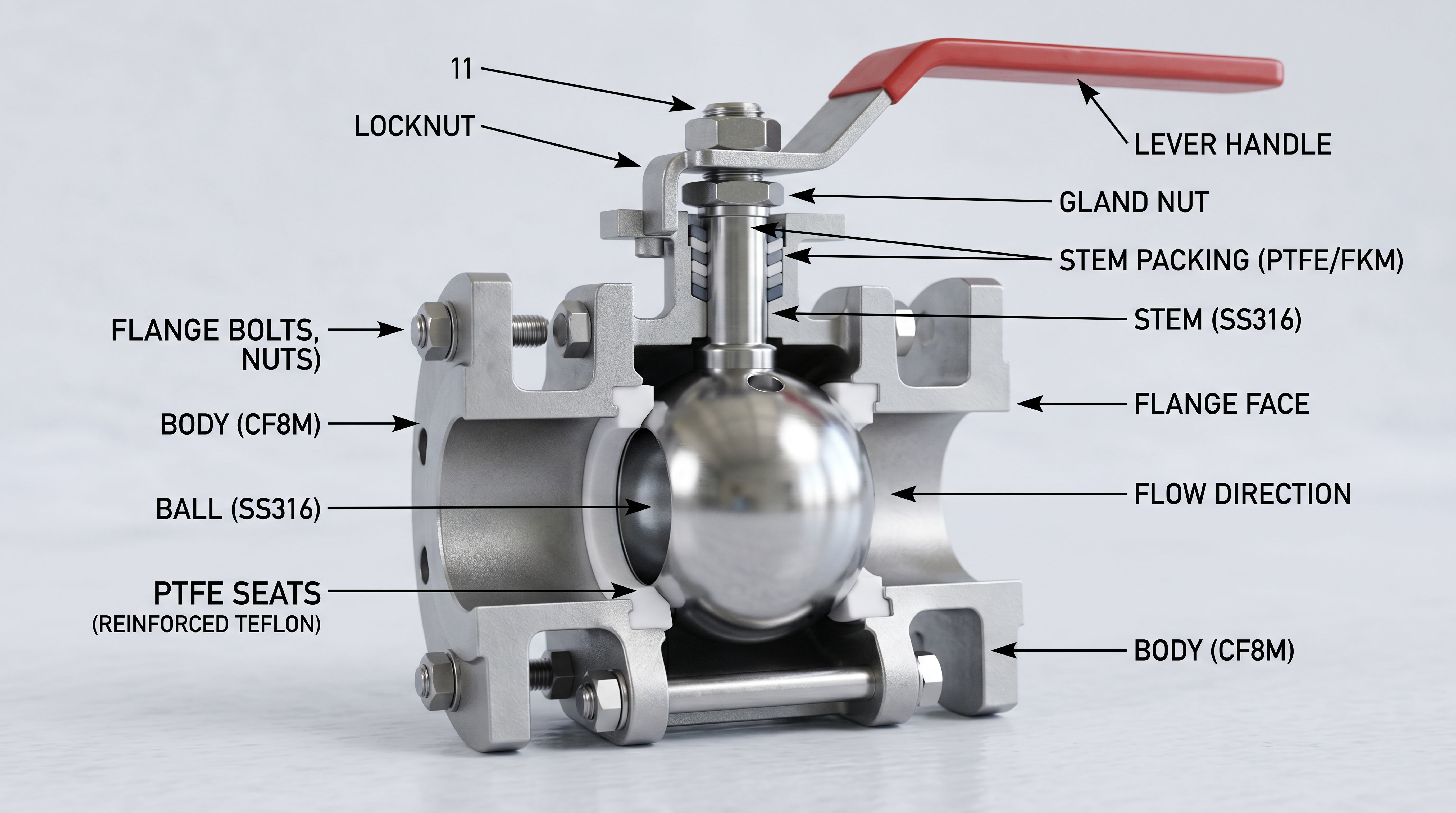 Ball valve cutaway showing stainless steel body ball PTFE seats stem packing and sealing components for material selection